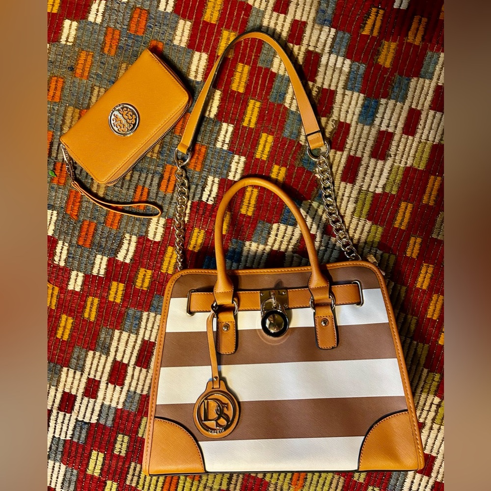 Dasein Cream/Brown Western Satchel Top Handle Zip Bag Wallet Gold Hardware